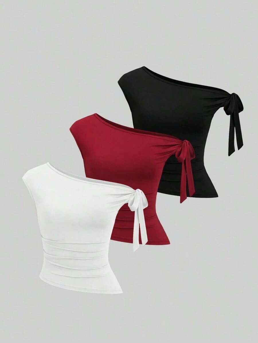 Set de 3 camisetas casuales de mujer de unicolor con hombro asimétrico y cómodas - Multicolor 4 - Ver 1