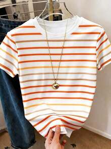 Camiseta de mujer de manga corta con cuello redondo, estampado de rayas de colores, informal, para verano - Multicolor 6 - Ver 3