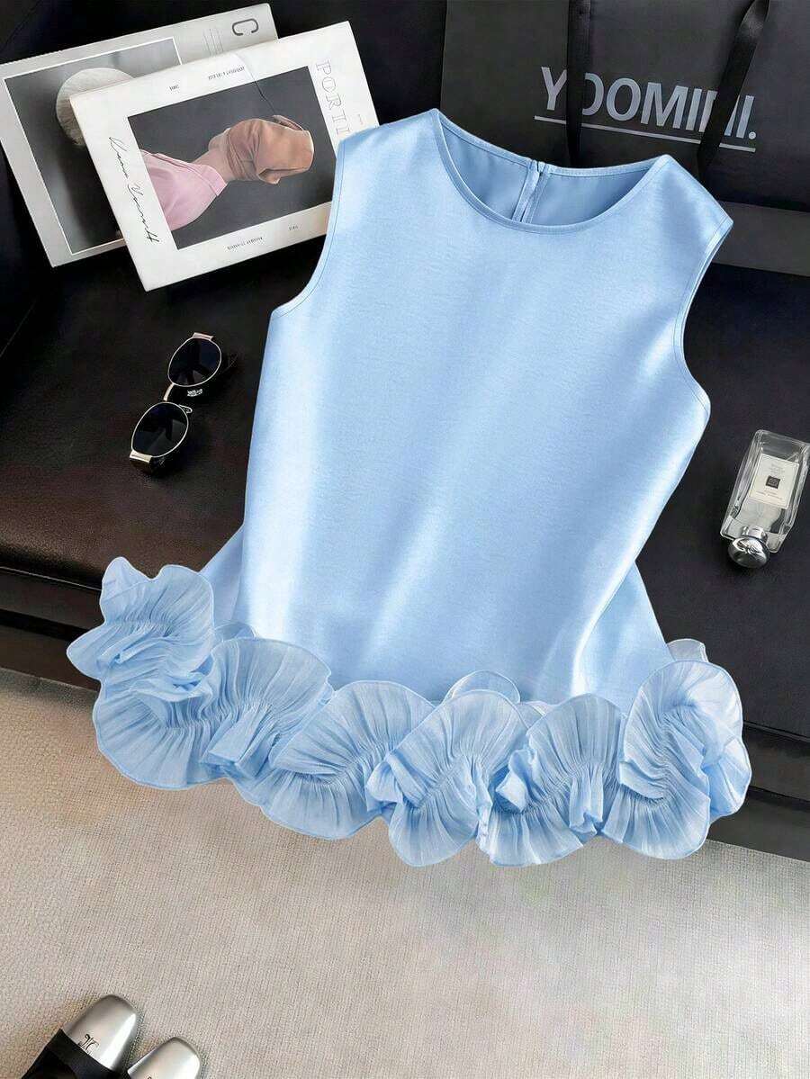 Blusa sin mangas de satén con doble capa y volantes, elegante, adecuada para salidas y citas de primavera/verano - Azul - Ver 1