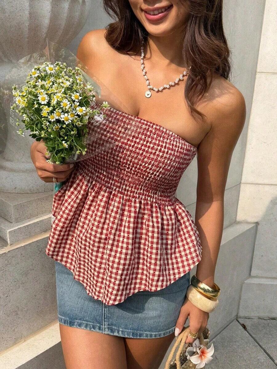 Top tubo/cropped con estampado de plantas para vacaciones de mujer - Rojo - Ver 1