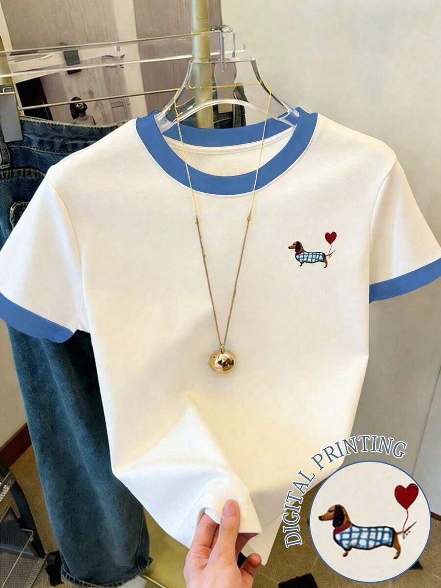 Camiseta de mujer con paneles de imitación de denim a rayas / Estampado de Dachshund / Uso diario casual / Verano - Multicolor 9 - Ver 1