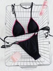 Bikini de mujer de unicolor con escote halter y lazos, estilo sexy, minimalista y elegante para playa, vacaciones, viajes y fiestas, nueva colección primavera/verano - Rosa negra capullo rojo - Ver 2