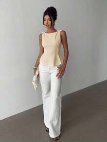 sin mangas elegante para ir a la oficina, diseño minimalista, casual de negocios para mujer, ropa de oficina, salir, para maestras, blusa casual para mujer, blusa social para mujer - Albaricoque 2 - Ver 3