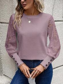 Blusa de mujer con mangas de encaje floral, parches y tejido de gofre, color blanco - Morado - Ver 7