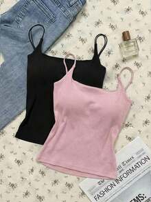 Paquete de 2 tops de camiseta acanalada con sujetador acolchado incorporado - Rosa y Negro/Lunares blancos, tops versátiles casuales para verano y uso en todas las estaciones, estilos suaves y limpios para chica, perfectos para el hogar, la escuela - Negro 8 - Ver 2