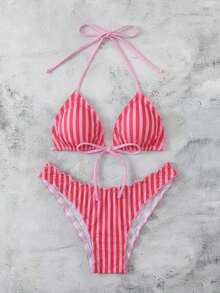 Conjunto de bikini de dos piezas con estampado de lunares, camiseta con lazo sexy y traje de baño para vacaciones en la playa para mujer - Rosa 2 - Ver 7