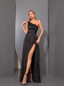 Vestido largo de gasa con cuello asimétrico, busto drapeado, cintura hueca y abertura alta en A, vestido de dama de honor para boda en primavera - Negro - Ver 6