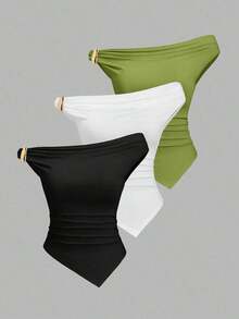 Sweetro Conjunto de 3 piezas de moda europea y americana para mujer en unicolor, con decoración metálica, dobladillo retorcido y dobladillo asimétrico, camiseta casual y versátil para uso diario - Multicolor 17 - Ver 1
