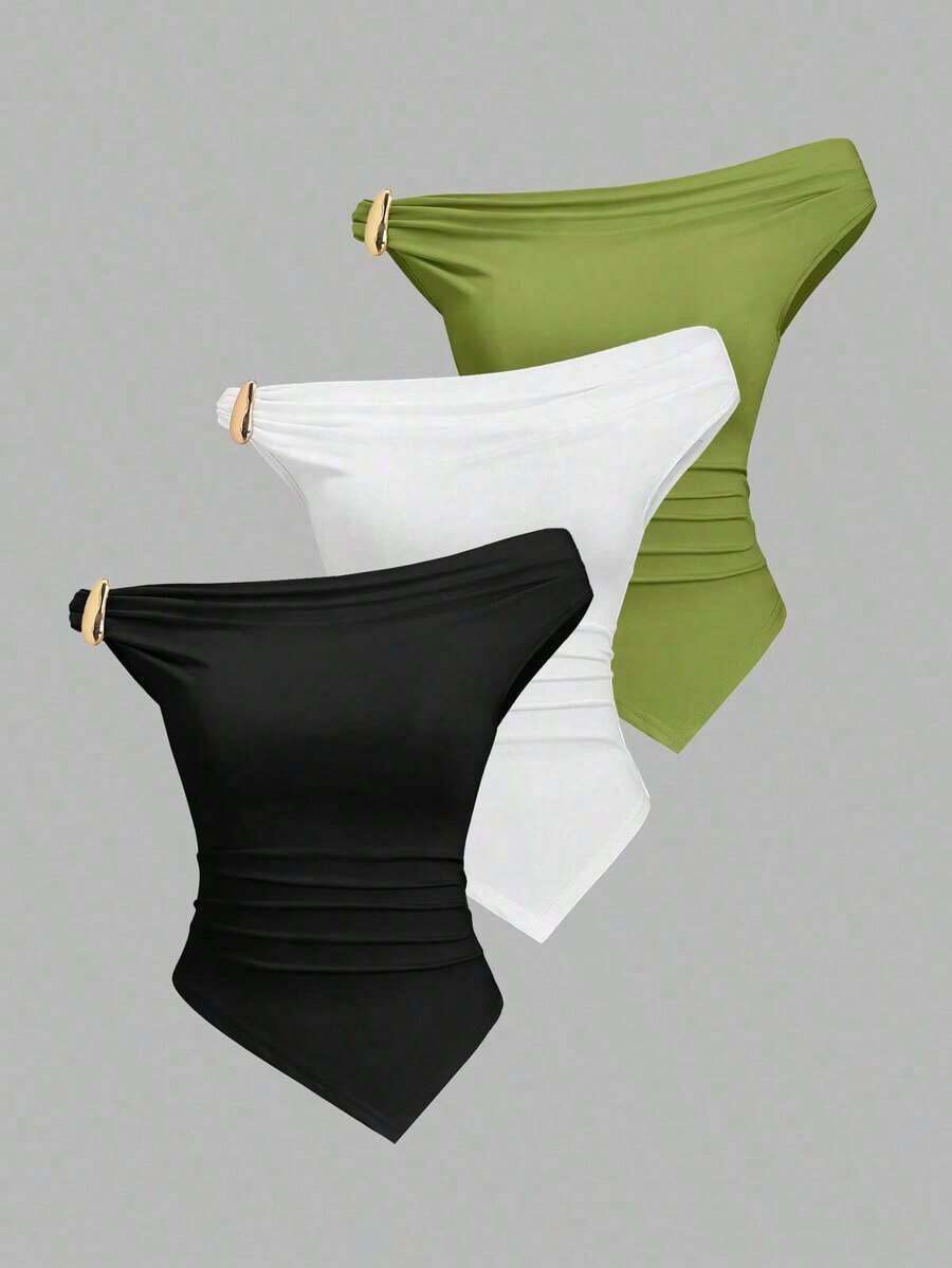 Sweetro Conjunto de 3 piezas de moda europea y americana para mujer en unicolor, con decoración metálica, dobladillo retorcido y dobladillo asimétrico, camiseta casual y versátil para uso diario - Multicolor 17 - Ver 1