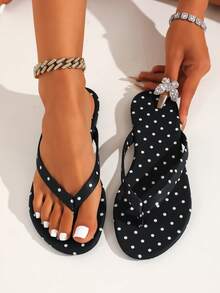 Women's Flip Flops, Black & White Polka Dot Summer Sandals, Women's Flat Sandals, Casual Resort Fashion Black Slippers, Outdoor Resort Thong Sandals, Toe Post Beach Sandals, Women Slippers - Black - View 5