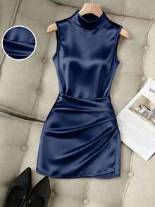Nuevo vestido de mujer de moda con cuello alto brillante, sin mangas, cintura fruncida y asimétrico de ajuste ceñido - Azul marino - Ver 1