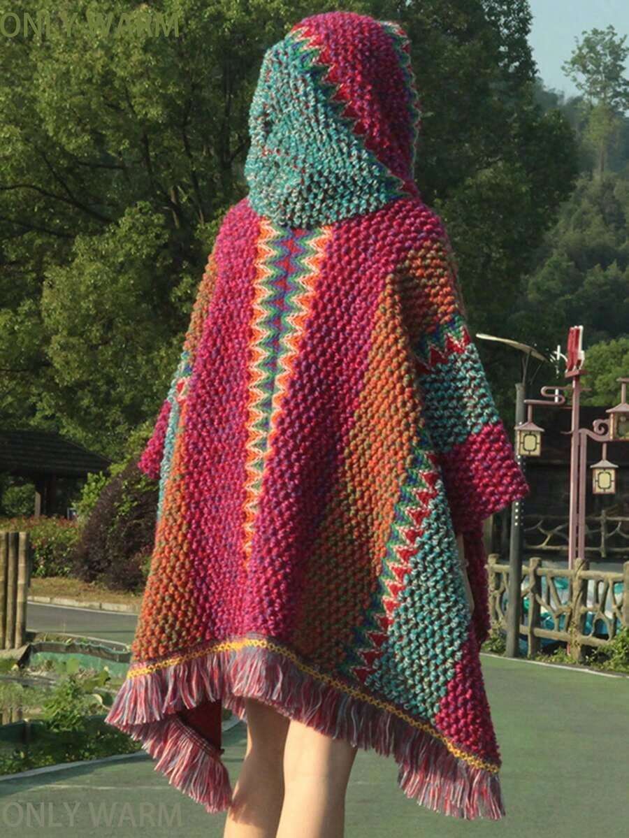 1pc Women's Fashion Geometric Rhombus Pattern Tassel Bohemian Style Hooded Poncho, Suitable For Casual Outings, Daily Wear, Travel And Vacation For Dress - C - 查看 1