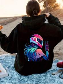 Women's Casual Summer Top, Stylish Design, Printed With A Motorcyclist Making A Peace Sign. This Fashionable Casual Sporty Hoodie Features A Printed Back, Drawstring Design, Loose Fit, And Kangaroo Pockets, Suitable For Everyday Wear. - Black - View 2