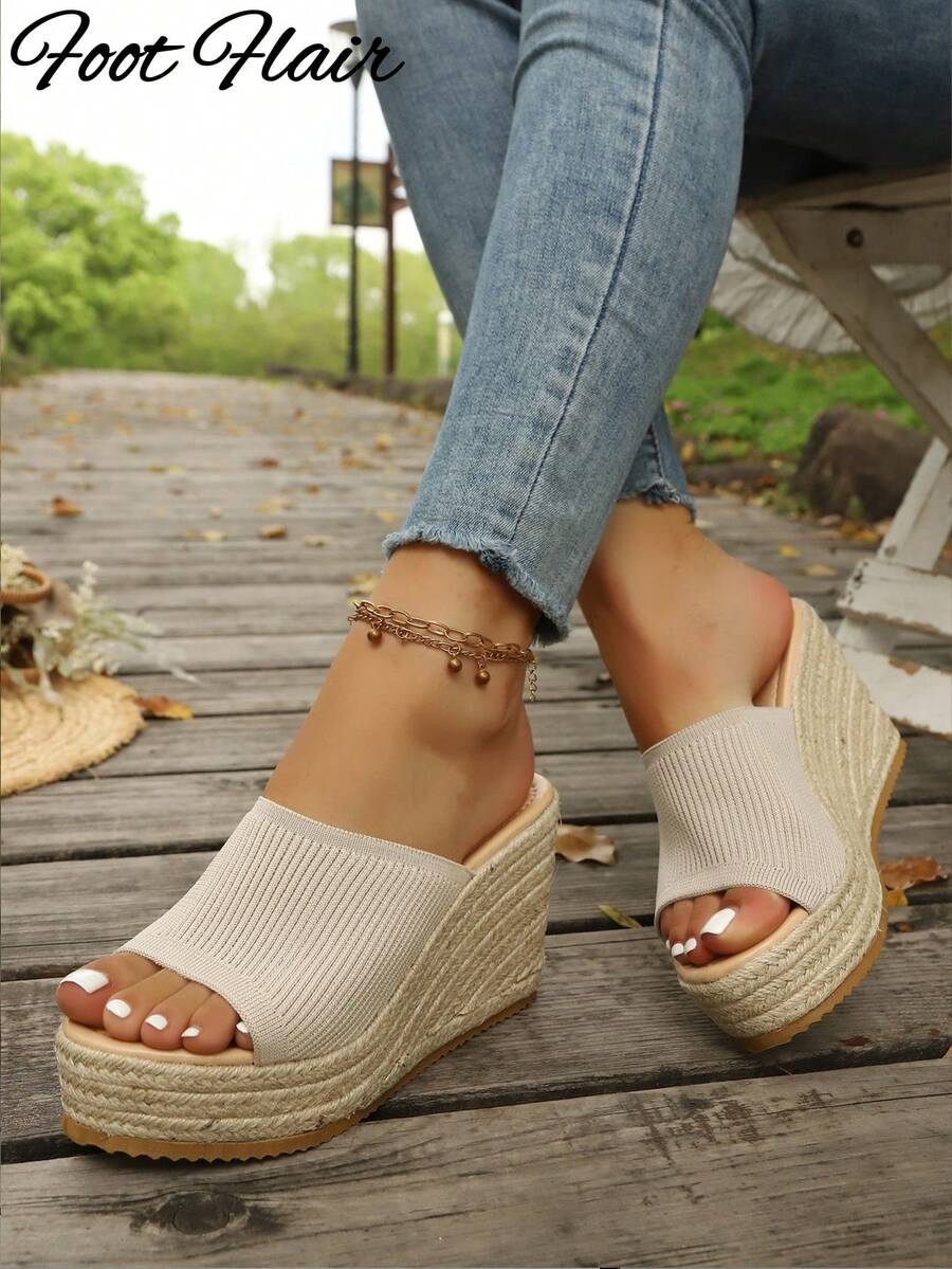 Foot Flair 女士米色编织带凉鞋，夏季厚底坡跟绳底编织鞋，轻便度假波西米亚风厚底户外凉鞋