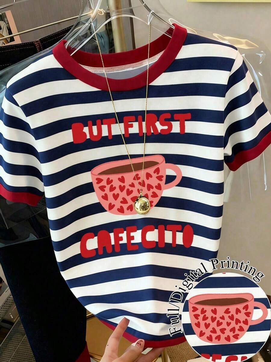 Camiseta de manga corta de verano con cuello redondo, estampado de cereza y rayas, de estilo casual para mujer - Multicolor 6 - Ver 1