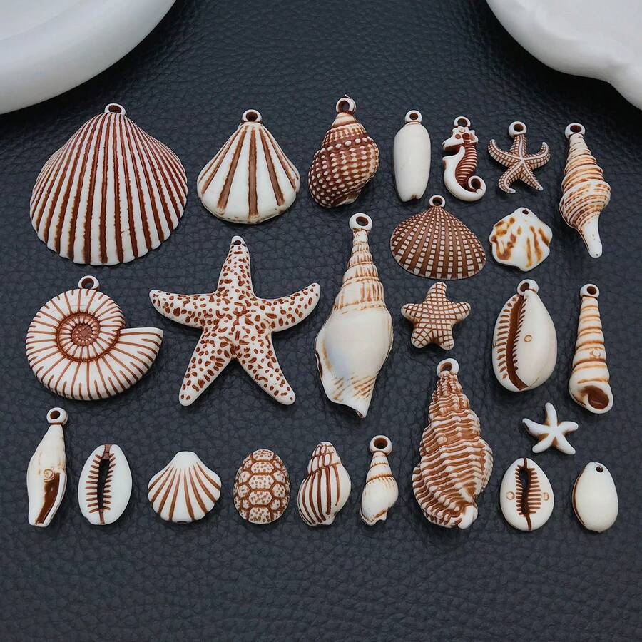 10/25 Stücke gemischte Anhänger mit Meeresmotiven, Muscheln, Seesterne, Seepferdchen und Schildpatt aus Kunstharz mit Löchern, Vintage-Strandanhänger in Braun mit Vintage-Print für die Schmuckherstellung, DIY-Armbänder, Halsketten und Ohrringe, Sommerbastelbedarf
