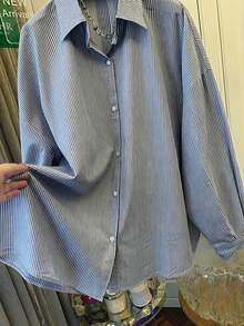 Women's Blue & White Striped Loose Fit Shirt, Tie Back Design, Suitable For Commuting, Casual Wear, Beach, Vacation - Navy Blue - View 5
