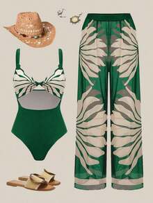 Swim Oasis Traje de baño de una pieza con camisola de patchwork de colores y pantalones de pierna ancha, adecuado para vacaciones en la playa, fiestas en la piscina y fiestas en la playa - Verde - Ver 2