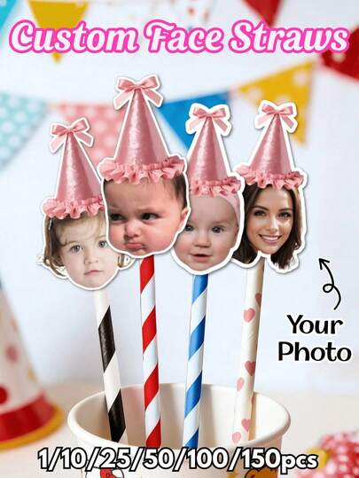 Sombrero de cumpleaños rosa personalizado con foto y pajita - Recorte de foto personalizado con pajita y soporte - Ideal para decoración personalizada de bebidas de fiesta, accesorio lindo para taza de cumpleaños de niña, despedida de soltera, baby shower, recuerdos de fiesta infantil, despedida de soltero/a, cumpleaños, multiusos, decorativo, resistente al moho, reutilizable, fácil de limpiar, adorable