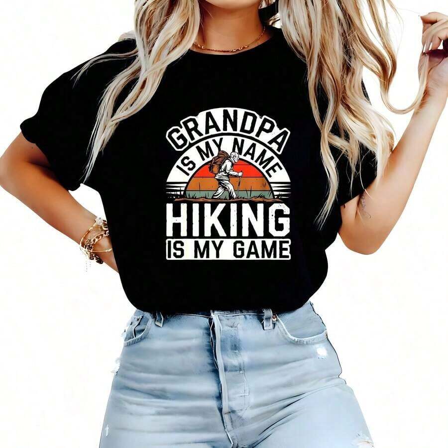 Loose Retro T-Shirt For Grandparents Who Love Outdoor Hiking, Perfect For Father's Day Or Birthdays. Made From Thick 220g Cotton For Men. Quality Feel. Suitable For Everyone, Both Women And Men. Durable, High-Quality Fabric Suitable For All Occasions, Soft To The Touch Yet Built To Last. Breathable Tops. Ideal For Women's Fall Outfits, Vacation Outfits, And Halloween Costumes. Breathable, Sweat-Wicking, Short-Sleeved Cotton T-Shirt For Women, Perfect For Summer. - 黑色 - 查看 1