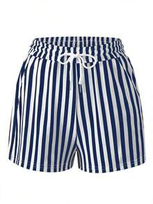 Conjunto de dos piezas de verano para mujer, shorts a rayas blancas y azules, camiseta holgada para mujer, conjunto básico talla grande vendido, con estampado de lazo - Multicolor 6 - Ver 5