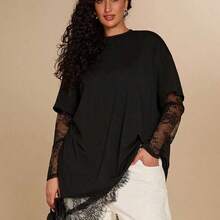 Plus Size Women's Black Short Sleeve Lace Patchwork Top, Spring & Summer Outfit Women's Casual Solid Color Asymmetrical Hem Lace Patchwork T-Shirt, Basic Everyday Wear, Spring/Summer Casual Top For Women Vacation Outfits Women Summer Holiday Outfits Holiday Outfits For Women Vacation Outfits For Women Summer Outfits Summer Outfits For Women Spring Outfit Women Spring Break Outfits Beach Dress Beach Outfits For Women Beach Outfit For Women Casual Blouses For Women Going Out Top Going Ou - Negro - Ver 8