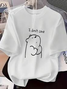 Summer New Arrival Loose Casual White Cotton Round Neck Short Sleeve Bear Graphic T-shirt for Daily Wear Women's Fitted Short-Sleeve Tee with Fun Graphics, Perfect for Everyday & Casual Work Looks - Blanco - Ver 1