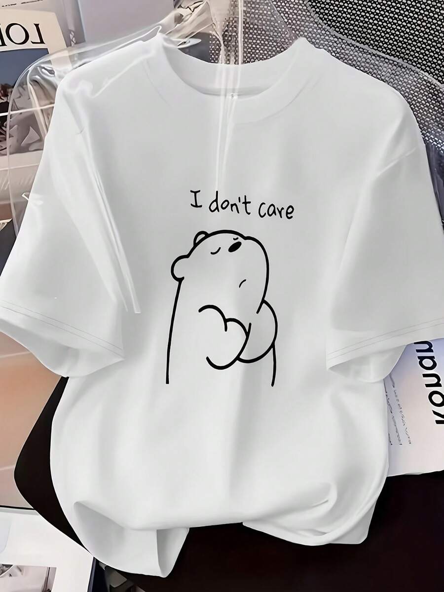 Summer New Arrival Loose Casual White Cotton Round Neck Short Sleeve Bear Graphic T-shirt for Daily Wear Women's Fitted Short-Sleeve Tee with Fun Graphics, Perfect for Everyday & Casual Work Looks - Blanco - Ver 1