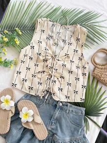 Blusa de tirantes con estampado tropical, cuello en V y mangas acampanadas con nudo, para vacaciones de verano para mujeres - Multicolor 2 - Ver 3