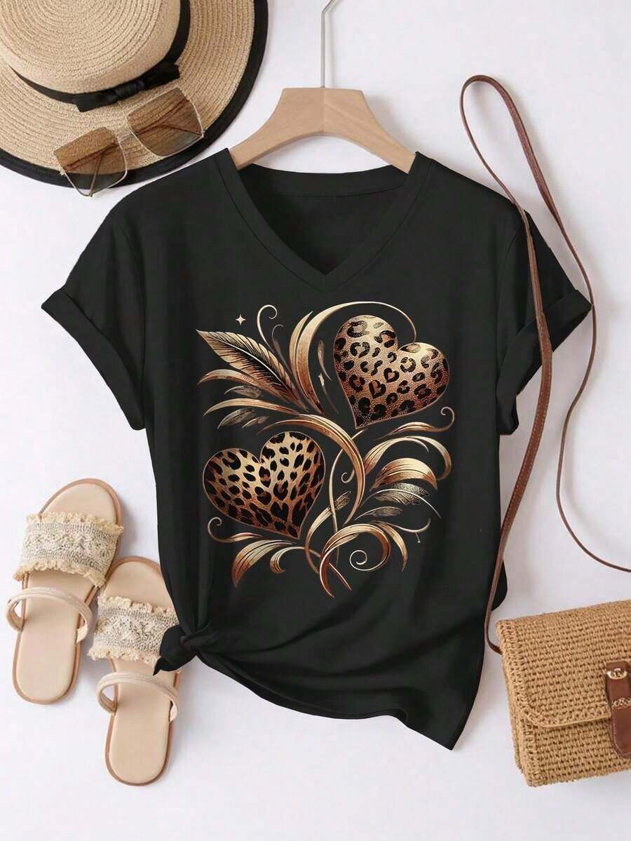 Nueva Ropa 2026 , Camiseta Casual de Manga Corta con Cuello Redondo y Estampado Floral con Textura de Leopardo para Mujer, Verano - Negro 2 - Ver 1