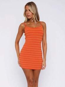 Stripe Knit Dress for Women Spaghetti Strap Mini Dresses Sleeveless Bodycon Dress for Beach Vacation - Naranja - Ver 3