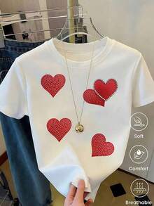 Breathable White T-Shirt For Women With Glitter Red Heart Graphic And Silver Trim, Sparkly Aesthetic Style Short Sleeve T-Shirt, Romantic And Feminine Top, Fashionable Casual Blouse, Warm Clothing For Women - 白色 4 - 查看 6