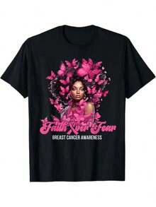 Unisex kortärmad t-shirt, 1 st Afro Queen herr-t-shirt - T-shirt med rund hals och tryck "Faith Over Fear" för bröstcancerförsäkran, avslappnad stil, komfort för alla årstider, lätt stretchigt stickat tyg, , mjuk bomull, vardagskläder, bomulls-t-shirt, sommar, y2k-stil, , fars dag, 2000-talsstil, sommartoppar, lättviktigt, ventilerande tyg, utomhusaktiviteter, resor & utflykter, festivalstil, mjuk & lätt, sommarsemester, vardagskläder. - Svart - Visa 5