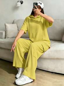 Conjunto De Top Corto De Manga Larga Y Pantalón Para Mujer Con Diseño De Bloques De Color - Mostaza Amarilla - Ver 2