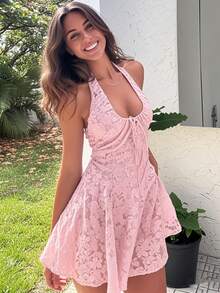 Vestido Exclusivo Nueva Llegada Halter con Cordón Espalda Descubierta Ajuste Delgado - Rosa - View 1