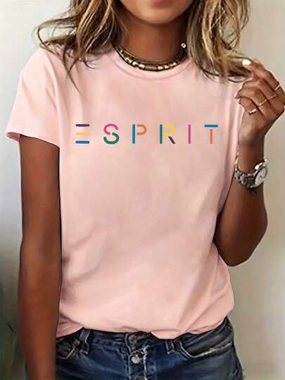 Damen Mode bunter Buchstaben-Muster Rundhals Kurzarm Casual T-Shirt Pink