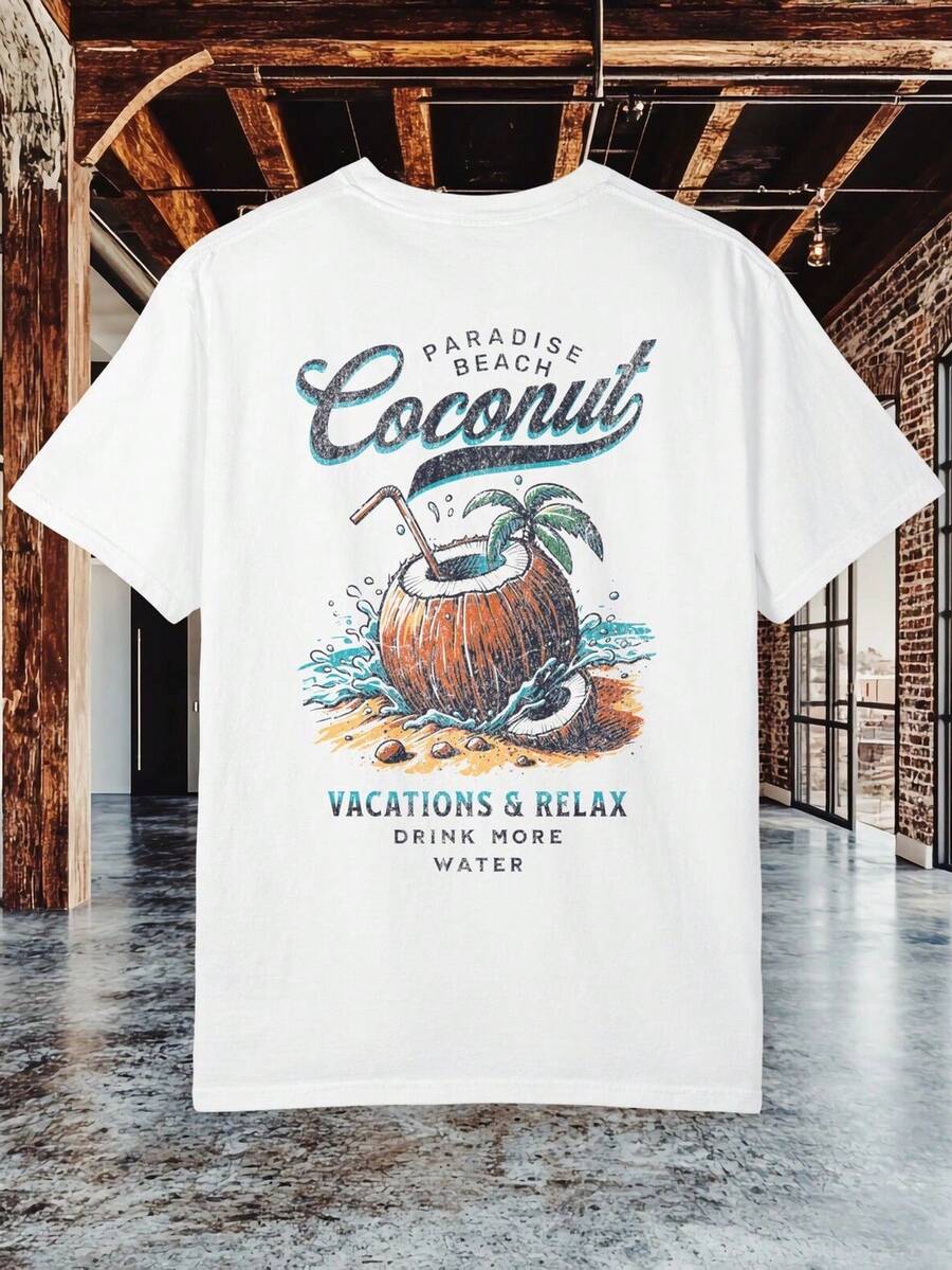 Camiseta de playa tropical, camiseta de vacaciones tropicales, camiseta gráfica de playa paradisíaca, camiseta de vacaciones de verano, camiseta de bebida isleña, camiseta de bebida playera, 220 g, unisex, algodón puro, peso ideal para todas las estaciones, adecuado para hombres y mujeres. Tejido duradero de alta calidad, suave al tacto y de larga duración. Top transpirable. Adecuado para la primavera y el verano de las mujeres, vacaciones, Día de la Madre, Día de la Independencia. - Blanco - Ver 1