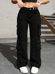 Jeans de mezclilla con bolsillo con solapa y cargo lateral, de estilo sencillo y elegante para uso diario y casual en primavera, color negro - Negro - Ver 4