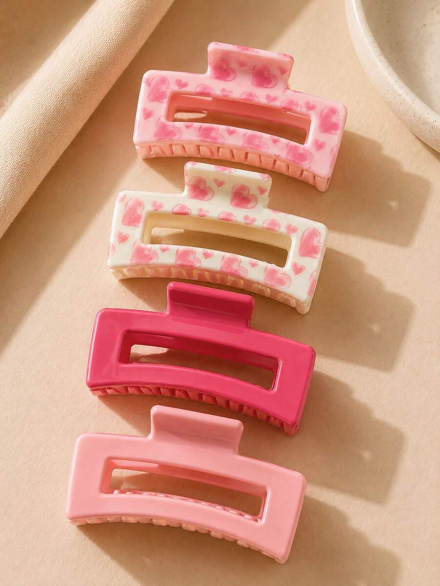 4入組愛心印花時尚簡約中型方形髮夾,粉色與紅色,適合日常使用,推薦給女性的夏季髮飾度假髮夾 - 彩色 - 查看 1