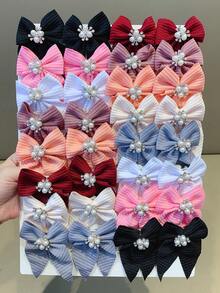 8pcs Solid Color Striped Fabric Bow Hair Clips With Pearl Rhinestone Decor, Cute Girl's School Style Hair Accessories, Suitable For Daily Wear And Party - Multicolor - View 3