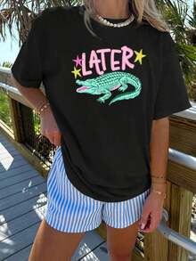 This Casual Short-Sleeved Crew Neck T-Shirt Features A Popular Crocodile Print, A Crocodile Tattoo, And A Slogan, Making It Perfect For Spring And Summer. Women's T-Shirt - Cool Summer Wear - 黑色 - 查看 3