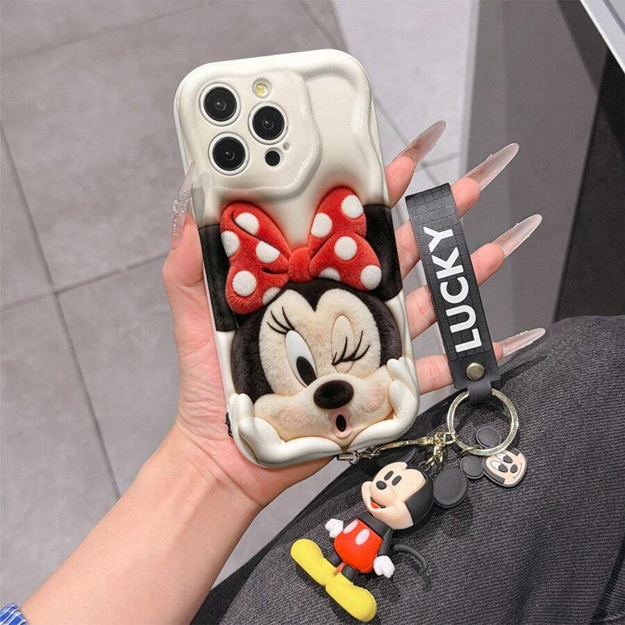 Disney Mickey Mouse Clubhouse Phone Case : 3D Fluffy Pattern Border Protector Phone Soft Phone Case With A Free Cute Mickey Bracelet Chain Lanyard, Mickey, Minnie, Goofy, Donald Duck, Daisy Duck, Pluto, For Apple 17 Promax 17 Pro 16 15 14 13 12 11 Pro Max XS Max X XR Soft Cover Summer Phone Case - 白色 - 查看 1