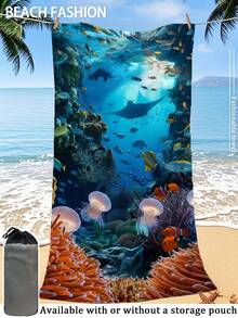 【便携速干柔软】夏季吸水超细纤维沙滩巾 | 70*140cm/90*180cm 可选 | 可选配收纳袋 | 印有水下珊瑚鱼图案 | 适用于海滩、浴室、露营、健身、旅行 - 深藍色 - 查看 10
