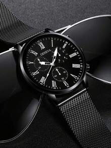 3pcs Men's Quartz Watch Set, Including 1pc Black Dial Black Mesh Band Quartz Watch, 1pc Embossed Men's Wallet, And 1pc Neutral Business Ballpoint Pen - Black - View 3