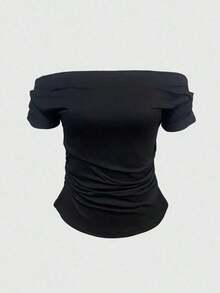 Camiseta casual de manga corta, unicolor, con hombros descubiertos, plisada y ajustada, para verano - Negro - Ver 3