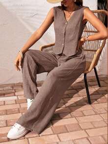 Frenchy Set de 2 piezas para mujer de top sin mangas y pantalones de estilo casual con un solo botón, para verano - Café integral 2 - Ver 6