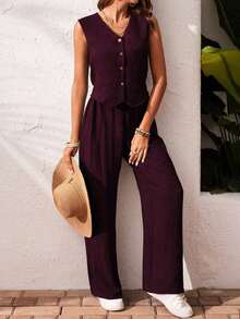 Frenchy Set de 2 piezas para mujer de top sin mangas y pantalones de estilo casual con un solo botón, para verano - Rojo violeta - Ver 4