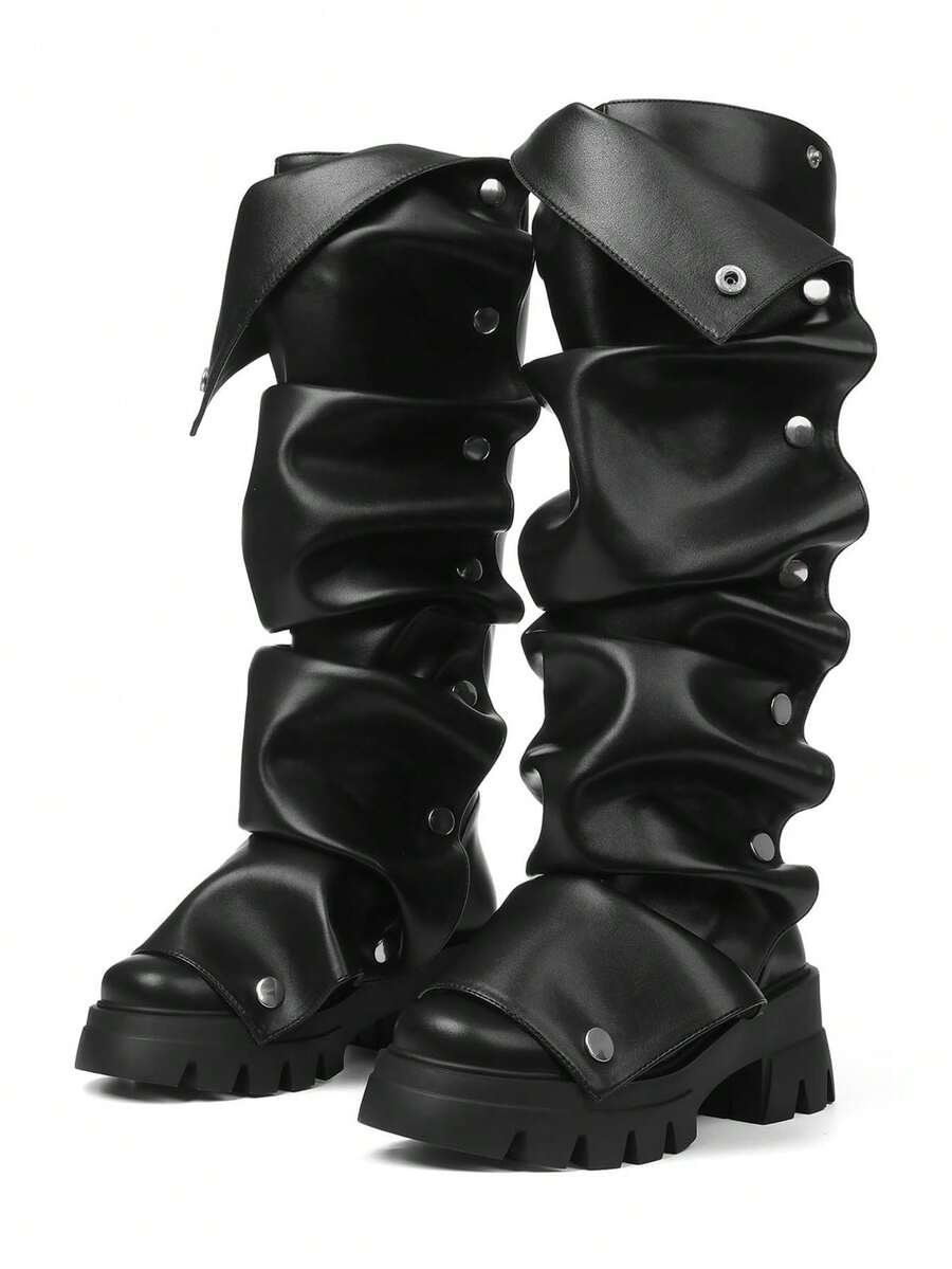 Women's Ruched Slouchy Knee High Boots Chunky Heels Round Toe Pull On Detachable Buckle Party Dress Sexy Shark Boots Woman - 黑B - 查看 1