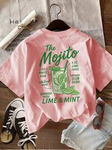 Camiseta de Cuello Redondo con Estampado Gráfico para Mujer |   Estilo retro, camiseta casual de verano con estampado de "The Mojito" y lima, manga corta, camisa de manga corta de algodón puro. - Blanco - Ver 11