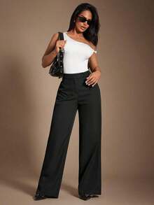 Pantalones rectos de tiro alto de color marrón de estilo minimalista y elegante para mujer, pantalones de traje marrones, pantalones de tiro alto, pantalones casuales sueltos, pantalones de pierna ancha, ropa de mujer de negocios casual, ropa de e - Negro - Ver 5